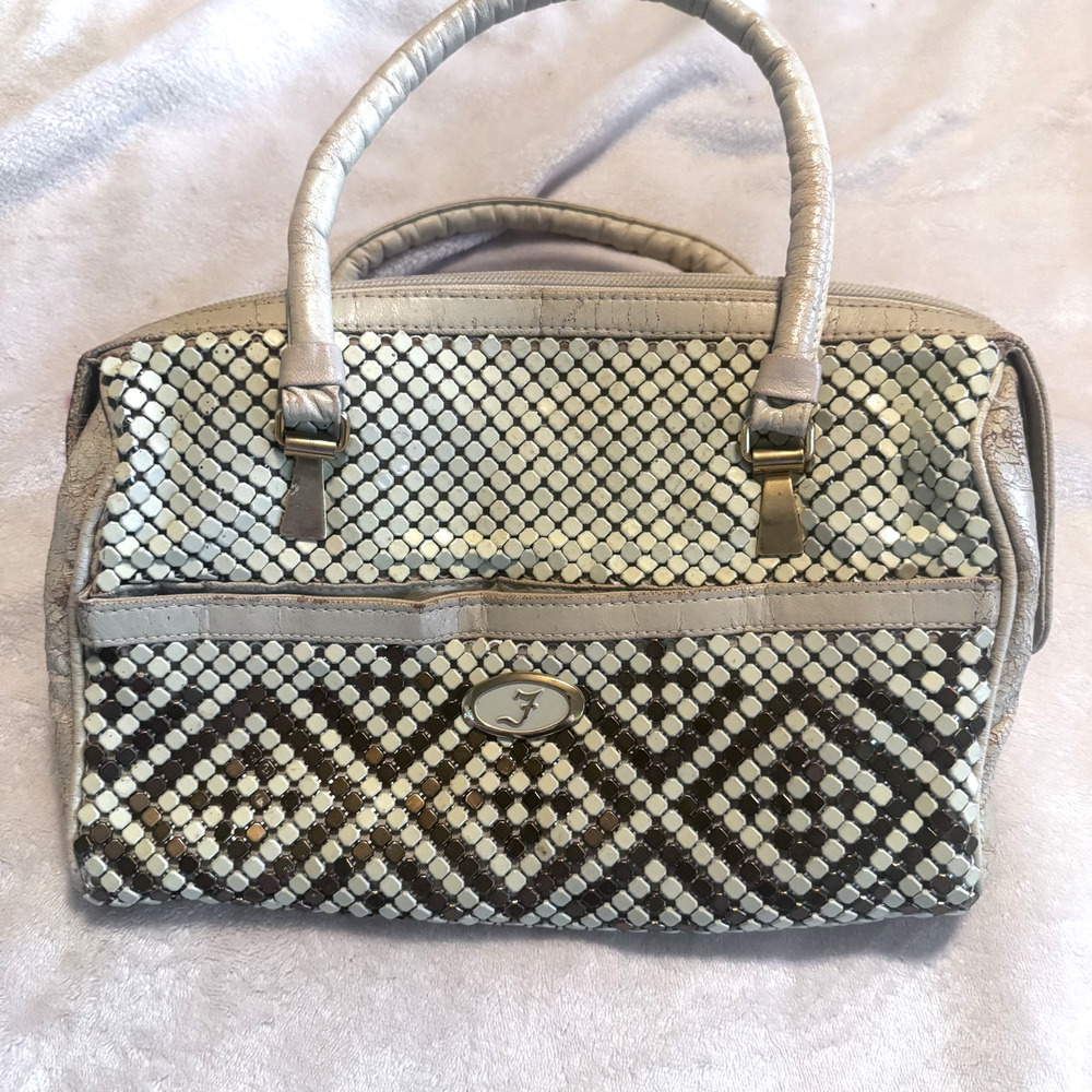 VTG 90s Forenza Metallic Woven Top Handle Satchel Bag Silver Gray Mosaic tile